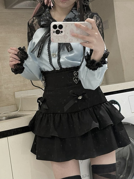 Jirai Kei Black Heart Buckles Bowknot and Rhinestone Accents Tiered Skirt