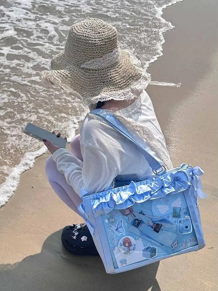 Blue Satin Ruffle Trims Self-tie Straps Ita Bag With Bow Card Holder