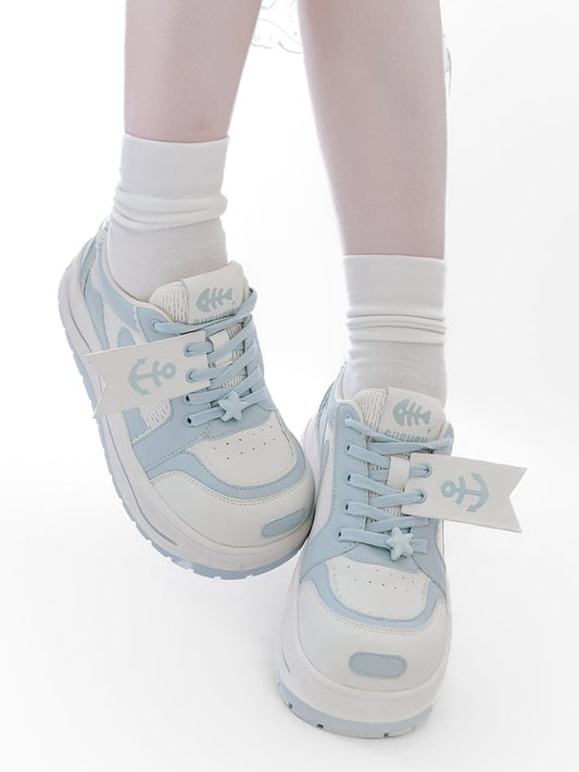 Light Blue Tenshi Kaiwai Anchor And Fish Bone Decorated Front Lace-up Ties Platform Sneakers