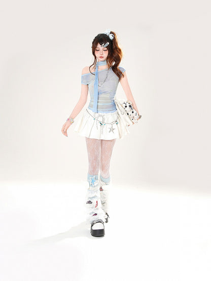 Starfish and Shell Print Asymmetrical Neckline Blue Semi-sheer T-shirt with Free Scarf