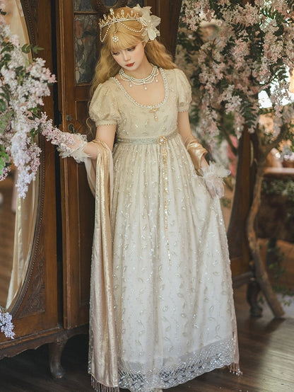 Allover Beaded Leaves Design Beige Empire Waist Elegant Lolita One Piece Long/Short Version