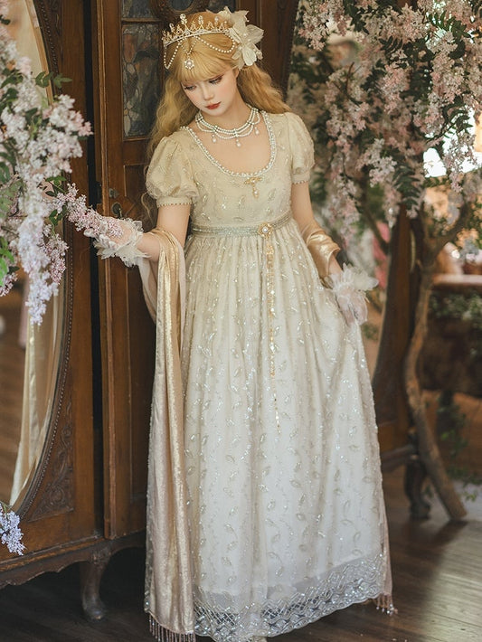 Allover Beaded Leaves Design Beige Empire Waist Elegant Lolita One Piece Long/Short Version