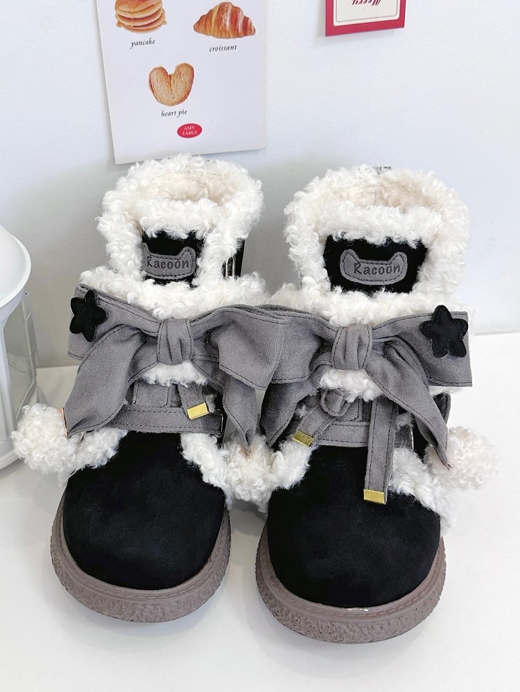 3cm Sole Black Ankle Boots for Lolita with Gray Bow Accents, Star Applique & Lace-Up Design