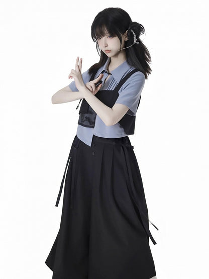 Black Pine Tree Embroidery Knot Button Cheongsam Style Top