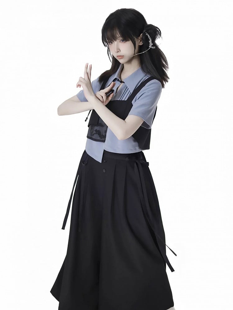 Blue Asymmetrical Hem Pleating Details Short Sleeves Cropped Shirt