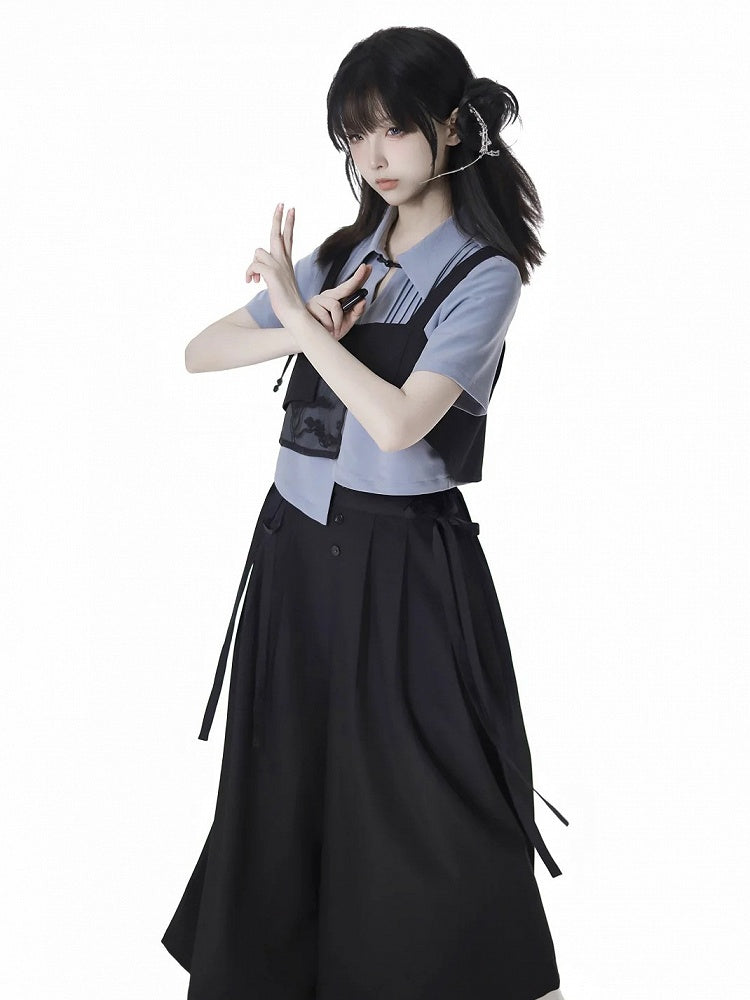 Black Pine Tree Embroidery Knot Button Cheongsam Style Top