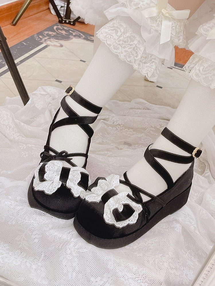 Black Bow Accents Velvet Round Toe Platforms Crisscross Ankle Strap