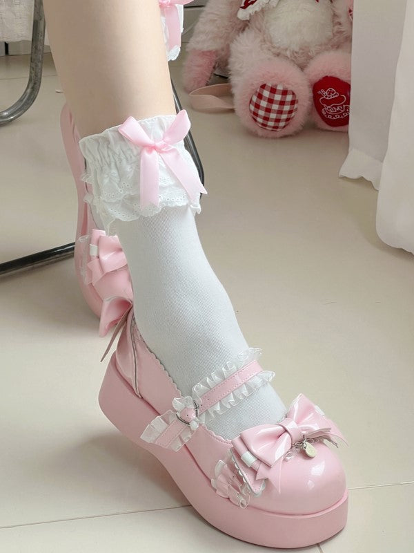 White Lolita Calf Socks With Pink/White/Red/Black Bowknots
