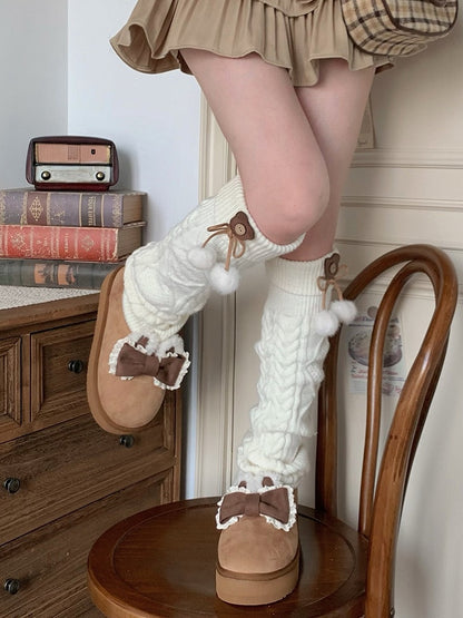 Stockings Design Bow at Top Brown Platform Boots