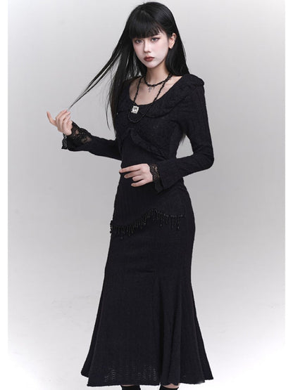 Black Round Neck Bead Details Slim-fitting Mermaid Dress