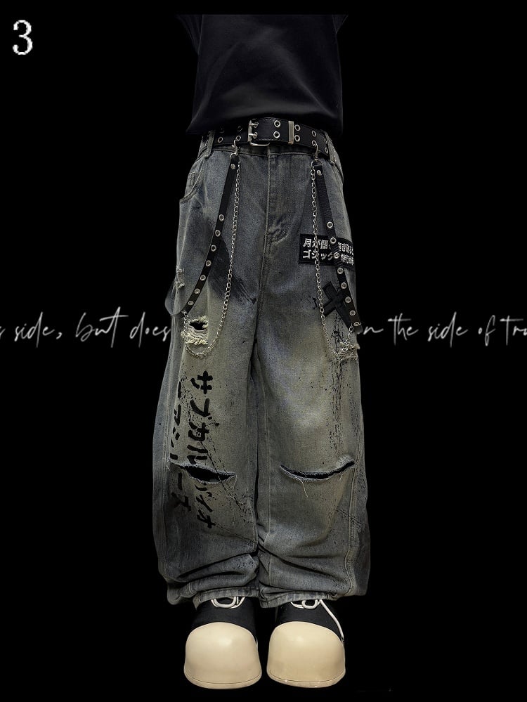 Blue Letter And Cross Applique Distressed Holes Details Wide-leg Cut Jeans