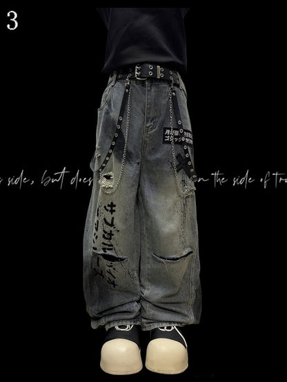 Blue Letter And Cross Applique Distressed Holes Details Wide-leg Cut Jeans