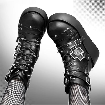 Metal Skull Matte Black Punk Wedge Platform Boots Spike Stud Detailing
