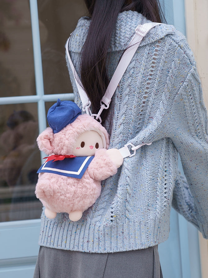 Cute Little Lamb Pink Plush Backpack/Crossbody Bag + Blue Hat + Sailor Collar Middle/Large Size