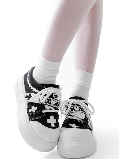 Black Yami Kawaii Cross Applique Crisscross Velcro Strap Closures Platform Sneakers