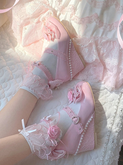 Pink Elegant Lolita Wedge Shoes in PU Leather with Removable Rose Details & Beadwork