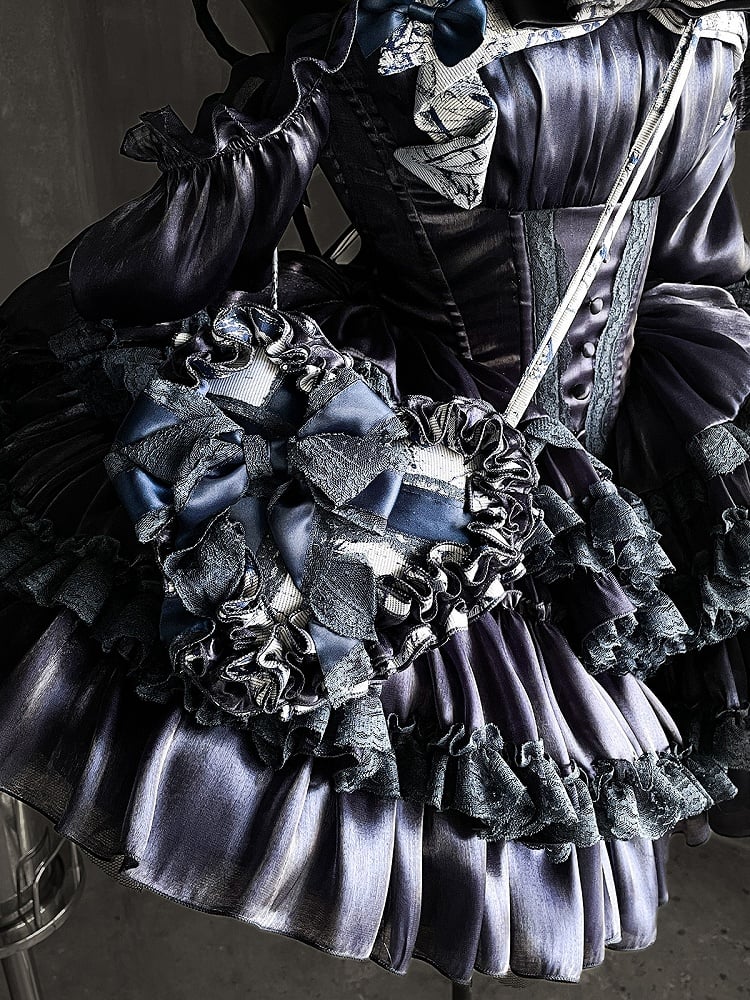 Dark Blue Basque Waist Tiered Sweet Lolita Balletcore Dress with Lace Accents