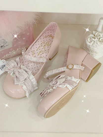 Pink Beaded Decorated Bow at Top 2.5CM/5CM Block Heels Round Toe Shoes