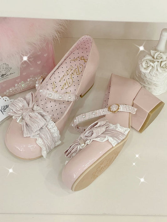 Pink Beaded Decorated Bow at Top 2.5CM/5CM Block Heels Round Toe Shoes