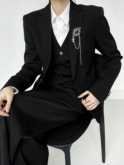 Ouji Lolita Silver Vintage Brooch with Black Obsidian Stone & Cross Charm