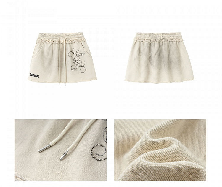 Wasteland Punk Beige Distressed Mini Skirt Elastic Waist with Drawstring