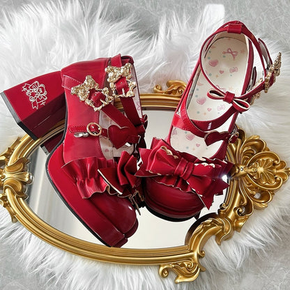 Red Bear Buckle Straps Bowknot High Block Heels with Bear Embroidery