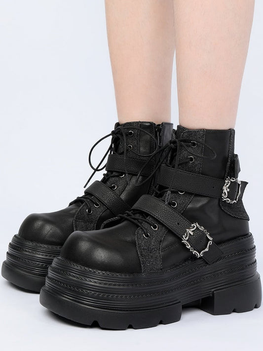 Punk Rock Black Platform Ankle Boots with Inner Zipper, Buckle Straps & Lace-Up Design