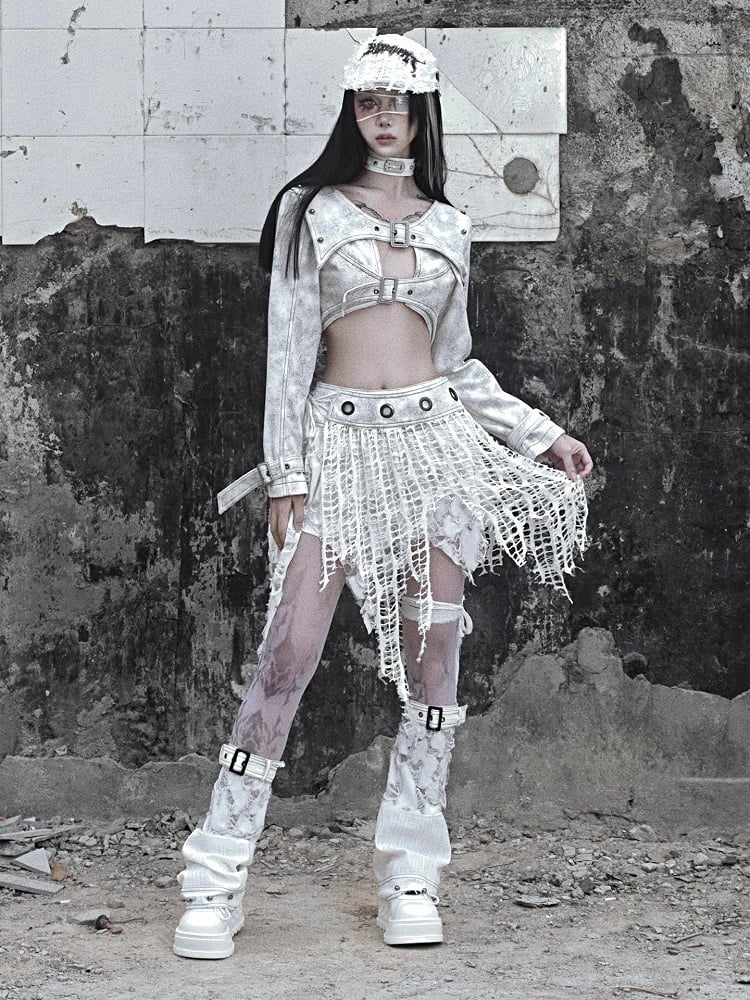 White Punk Distressed Holes Handkerchief Hem Skirt with Detachable Overlay