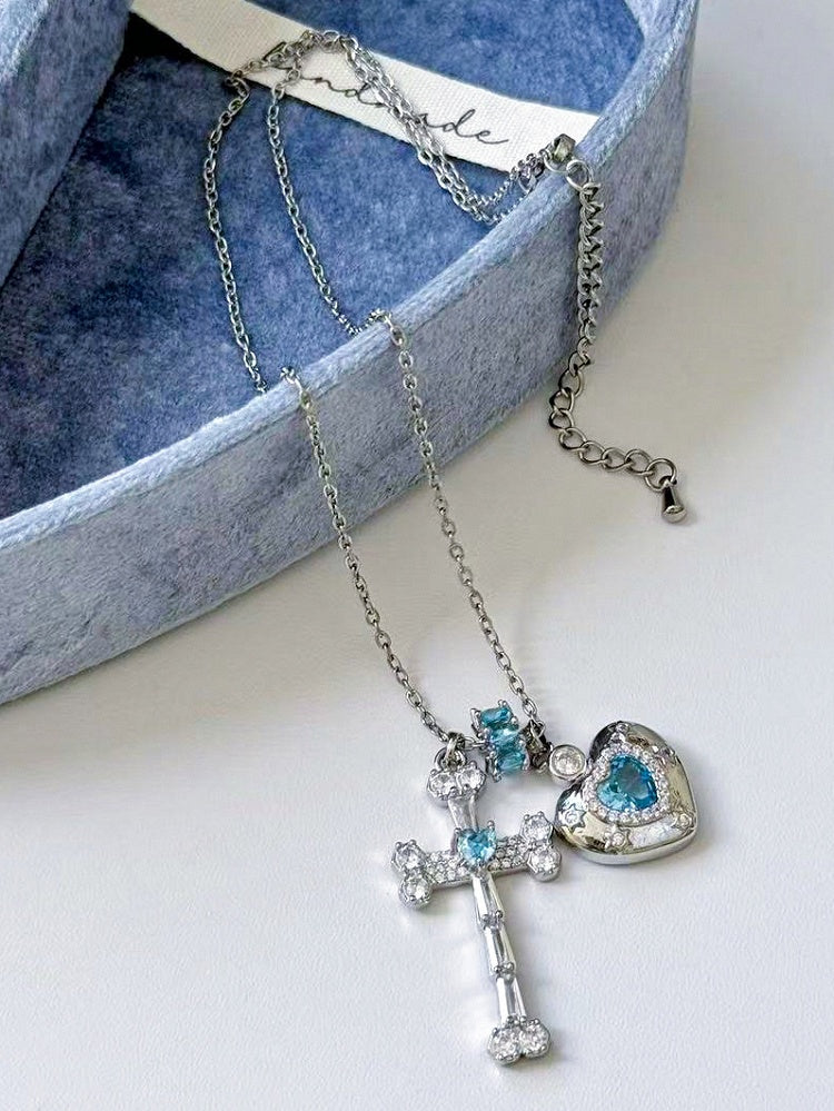 Pink/Blue/Green Y2K Bittersweet Rhinestone Heart And Cross Pendant Necklace
