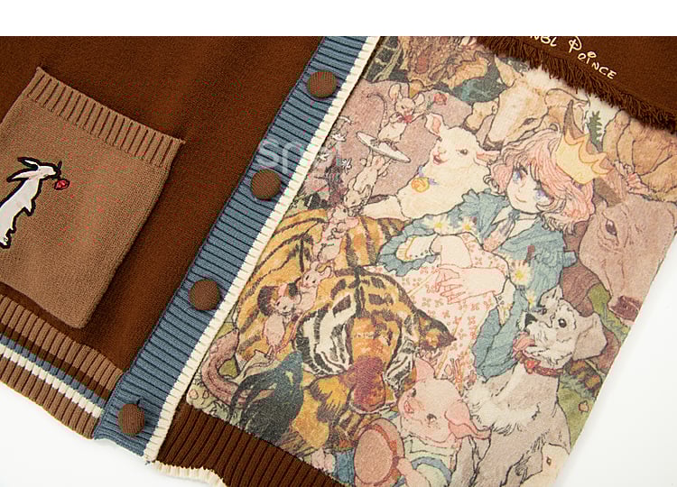 Daisies and Bunny Embroidery Brown Cardigan