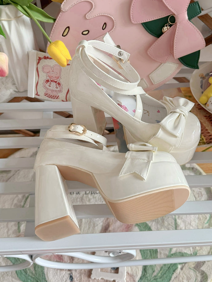 Crisscross Ankle Strap White Bow at Top 11cm High Heels