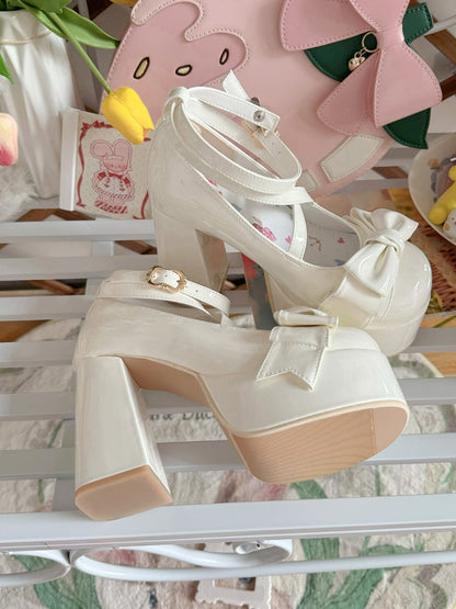 Crisscross Ankle Strap White Bow at Top 11cm High Heels