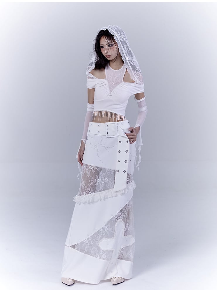White Low Waist Lace Patches Cross Applique Punk Skirt with Buckle Belt