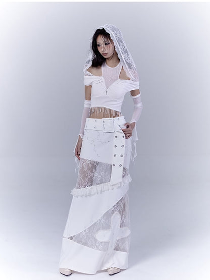 White Low Waist Lace Patches Cross Applique Punk Skirt with Buckle Belt