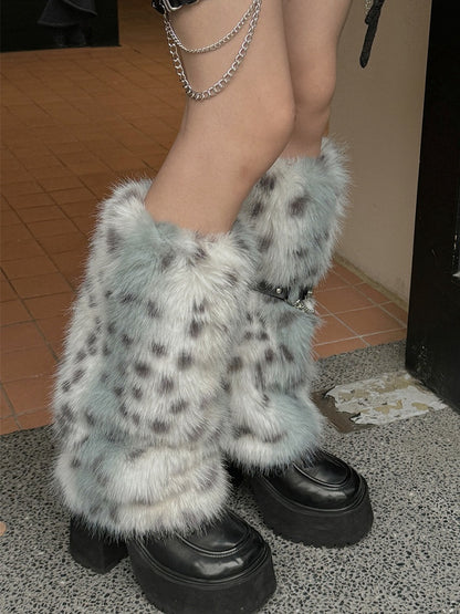 Pink/Dusty Blue/Yellow Y2K Buckle Straps Shaggy Leg Warmers