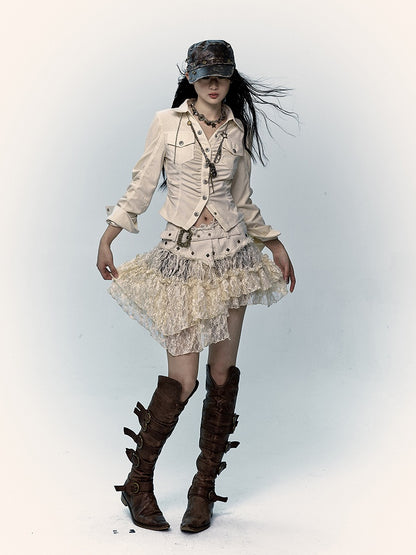 Beige Lace Asymmetrical Hem Skirt with Distressed Trim and Buckle Detail