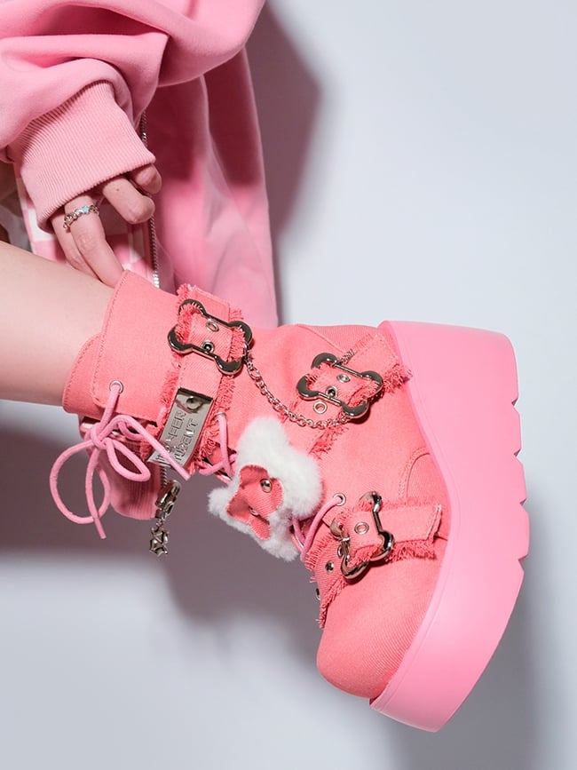 Buckle Straps Plush Bone Decorated Denim Pink Punk Platform Boots