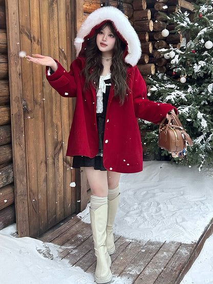 Plus Size Red Plush Trim Hooded Woolen Coat