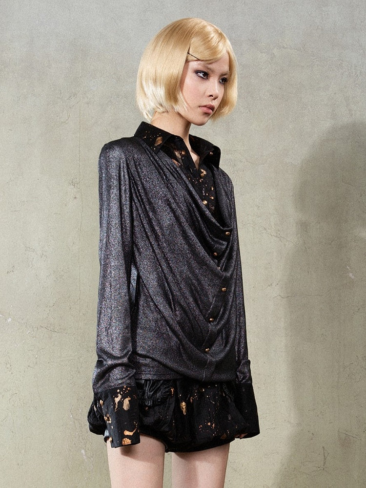 Black Y2K Punk Rock Faux Two-Piece Shirt with Splatter Print