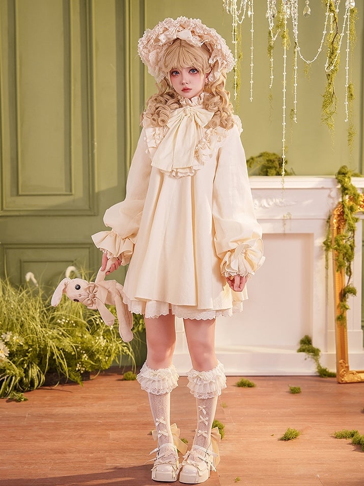 Beige Big Bow Ruffled High Neck Sweet Lolita Long Sleeves Cotton Dress
