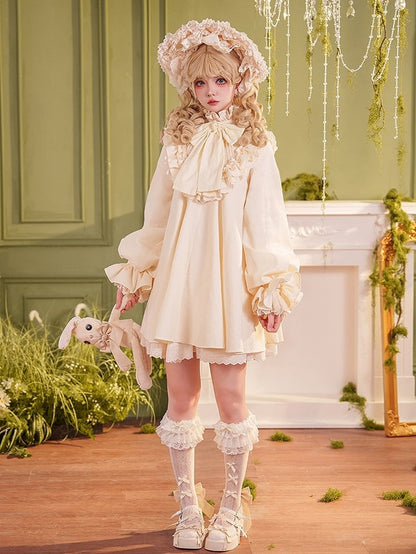 Beige Big Bow Ruffled High Neck Sweet Lolita Long Sleeves Cotton Dress