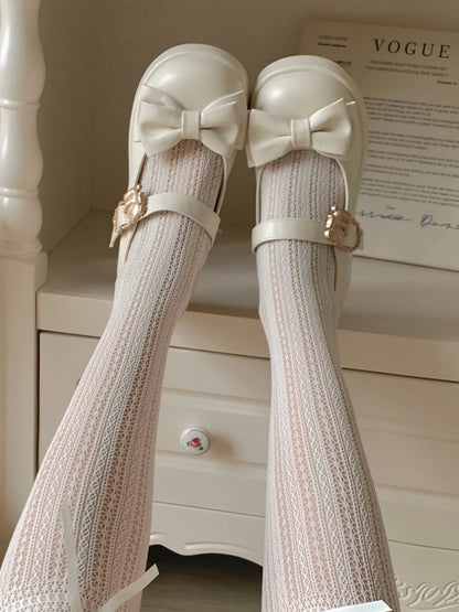 Hugging Bear Heart Buckle Beige Bow at Top Platform Mary Janes with Velcro Strap