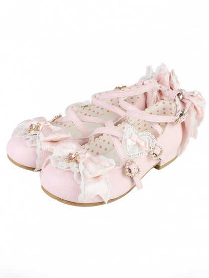 Pink Sweet Lolita Bowknot Details Crisscross Design Heart Buckle Straps 2CM/5CM Block Heels Shoes