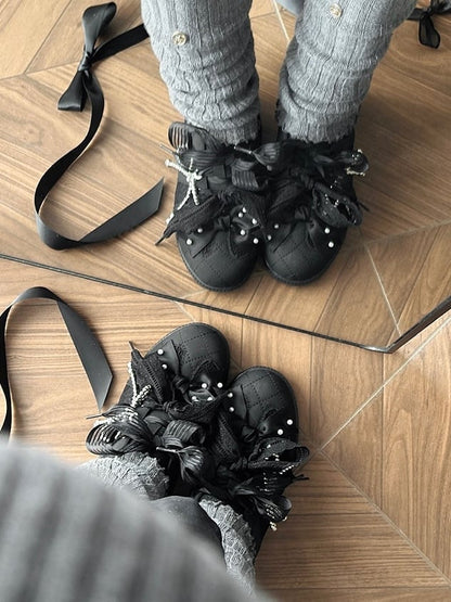 Black Beaded Decorated Bow at Top Lace Front Lace-up Ties Sneakers