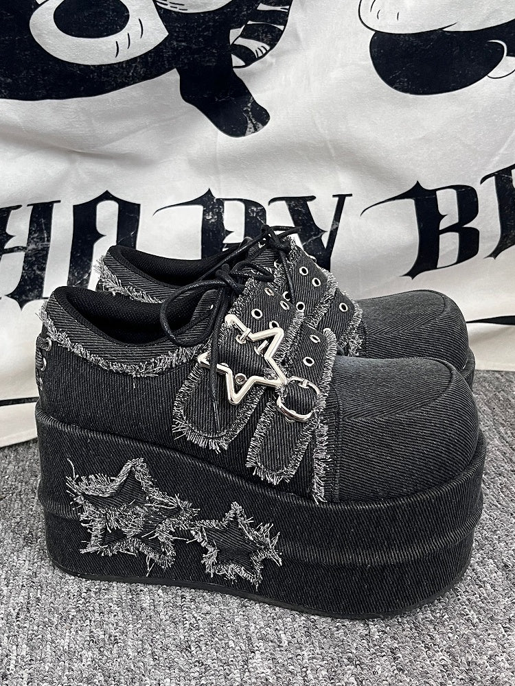 Gyaru Fashion Distressed Stars Black Denim Platforms