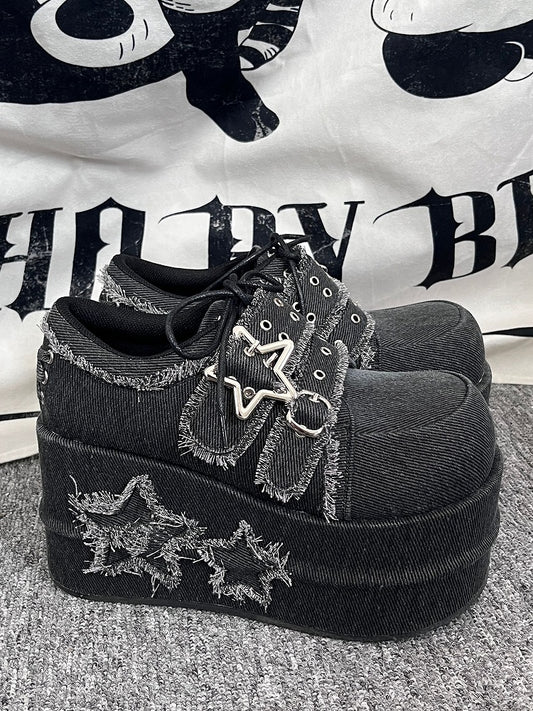 Gyaru Fashion Distressed Stars Black Denim Platforms