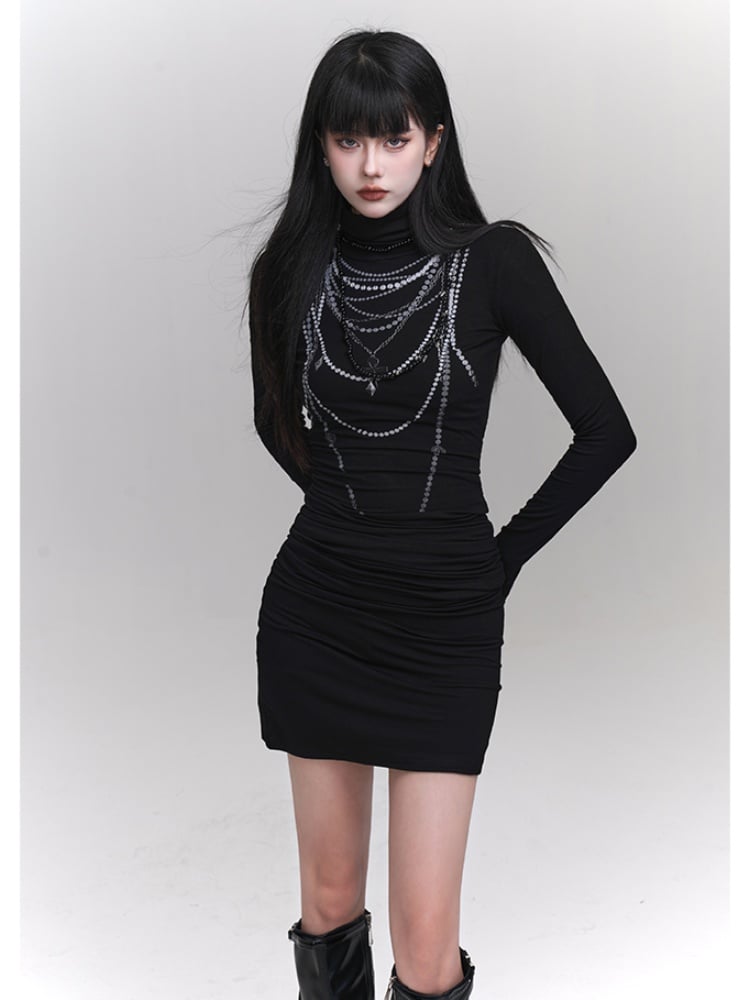 Black High Neck Beaded Chain Print Slim-fitting Dress