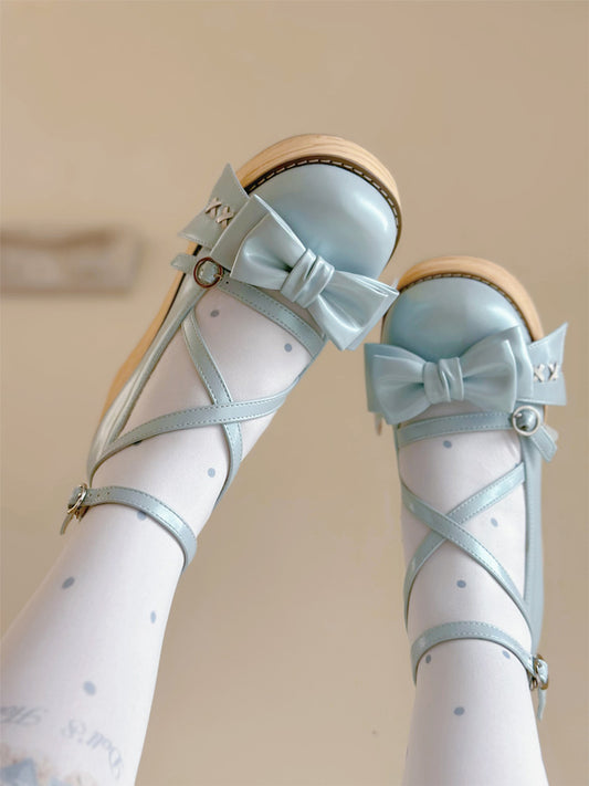 Blue Bow at Top Crisscross Design Sweet Lolita Platforms