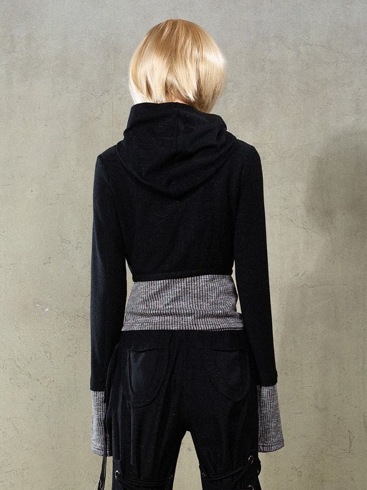 Black Punk Y2K Totem Rhinestone Hoodie Jacket with Gray Knit Hem & Cuffs