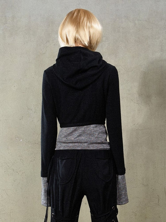 Black Punk Y2K Totem Rhinestone Hoodie Jacket with Gray Knit Hem & Cuffs